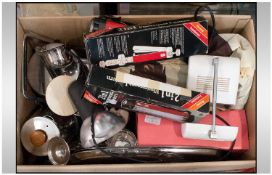 Miscellaneous Box Of Household Goods. Comprising Kitchenalia, Silver Plated Ware, Trays, Candle