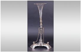 Egyptian Silver Plated Epergne Stand and Glass Flute Raised on Three Stepped Supports with Sphinx
