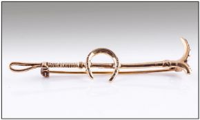 Equestrian Interest. Silver Gilt Brooch Stamped 925, In The Form Of A Riding Crop With Applied Horse
