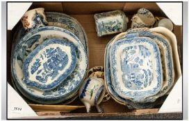 Box Of Assorted Blue And White Pottery. Comprising meat plates, cups, serving bowls, various dishes,
