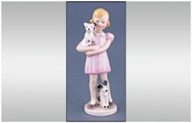 Hummel Rare And Early Figure. Little girl with two black and white dogs. Circa 1950's.