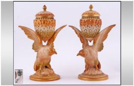 Royal Worcester Hand Painted Pair Of Matched Blush Ivory Figural Eagle And Reticulated Lidded Vases.