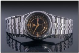 Gents Seiko Automatic Wristwatch, Black Dial With Day/Date Aperture And Baton Numerals, Stainless