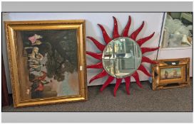 Contemporary Mirror In The Form Of A Sunburst. Central bevelled mirror with red coloured bursts.