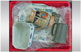 Box of Assorted Pottery including Stein Tankard, pewter tankard, various meat plates, Masons etc
