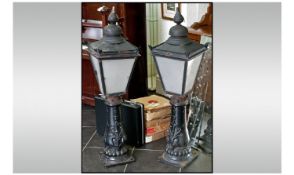 Pair Of Coalbrookdale Style Black Painted Cast Iron Street Lamps. The Bases With Moulded Gothic
