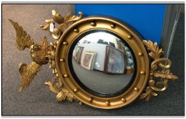 Late 20th Century Georgian Style Ornate Circular Gold Framed Wall Mirror, With Figural Eagle Top And