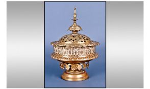 French Late 19th Century Gothic Tracery Brass Lidded Incense Burner. Circa 1860's. Stands 11.5