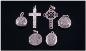Collection Of Six Various Silver Pendants. Comprising Four Lockets and Two Pendant Crosses.