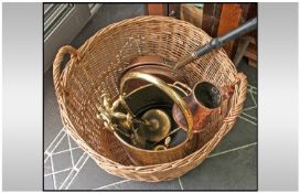 A Selection of Copper and Brass Items including warming pan, copper tankard, brass candlestick, coal