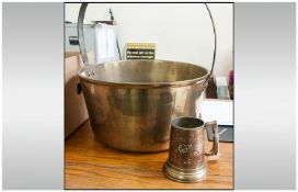 Large Brass Jam Pan. 15 inches in diameter. Together with a brass tankard.