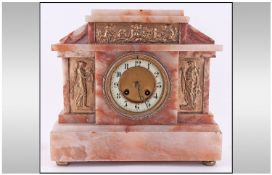 Onyx Cased Mantle Clock Of Architectural Form with three brass panel inserts depicting classical &