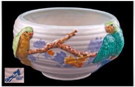 Clarice Cliff Hand Painted "Budgerigar" Bowl. Circa 1930's. Height 5 inches, diameter 7 inches.