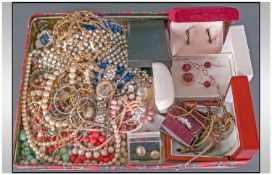 Box of Assorted Jewellery including 5 cased items, assorted beads and necklaces, one watch etc