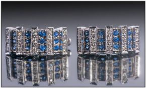 14ct Gold Diamond And Sapphire Earrings, Set With Alternating Rows Of Round Cut Sapphires And