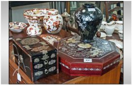 Three Eastern Lacquered Items comprising two drawer jewellery box, hinged lid, integral compartment,