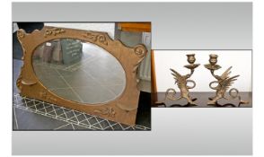 Edwardian Gilded Over Mantle Mirror with side shelves together with a pair of Griffin Brass