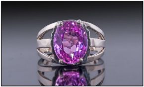 Ladies Silver Dress Ring, Set with Pink Topaz, Stamped 925, Ring Size N.