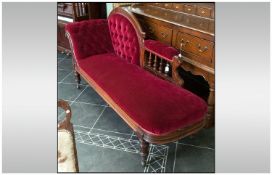 Victorian Mahogany Chaise Long, arched carved back with turned spindles, carved scroll rest with