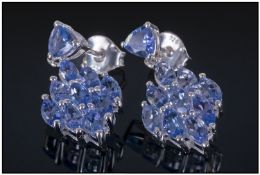 Tanzanite Lozenge Shape Drop Earrings, each earring comprising a drop of 8 marquise cut tanzanites