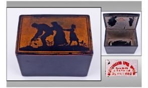 A Russian Tea Caddy, black lacquer with pictorial scene to lid of man, woman and child picking