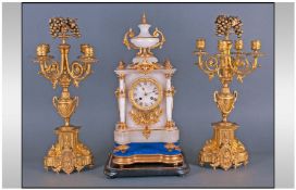 French - Fine and Impressive Late 19th Century Alabaster and Ormolu 3 Piece Garniture Clock Set,