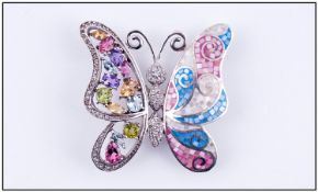 Silver Butterfly Pendant Brooch, Set With Multi Coloured Stones. Stamped 925. 2 x 2 inches.