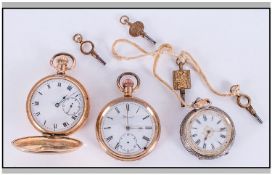 Gents Full Hunter Pocket Watch, white enamel dial. Roman Numerals with subsidiary seconds. 14ct gold