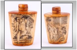 A Bone Carved Opium Bottle With Erotic Decoration. 3" in height.