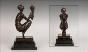 Art Deco Style Bronze Figure Of A Semi-Naked Female Dancer Raised On A Stepped Marble Plinth.