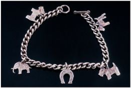 Antique Silver Fancy Link Charm Bracelet, Loaded With 5 Charms. Length 6.5 Inches.