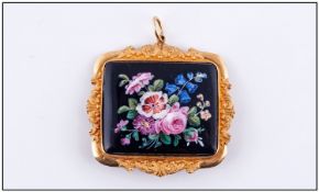 Victorian Black Onyx Floral Painted Panel, Of Rectangular Shaped Form. Set In A Yellow Metal