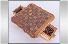 Small Table Top Chess Game, with metal warrior figures as chess pieces