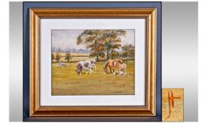 Monogram JH Watercolour. Cattle in a field close to a horse and her foal in a rural setting.