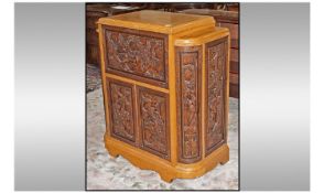 Chinese 1950's Cabinet With Carved Sandalwood Panels. Depicting Chinese Traditional Scenes. Fitted