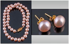 Cultured Pearl Necklace And Earrings Set. Length 16 Inches.
