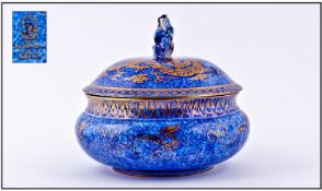 Wedgwood Lidded Blue And Gold Dragon Lustre Bowl. Circa 1920s. Height 5.25 inches. Restoration to