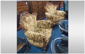 Italian Baroque Style Pair of Armchairs, with finely carved walnut frame, upholstered in a floral