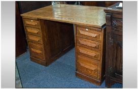 A Large 1930s Oak Pedestal Desk, with a set of 5 draws to each side, top slide and polished top.