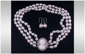 Freshwater Three Strand Pearl Necklace, With Cameo Clasp. Together With Matching Freshwater Pearl