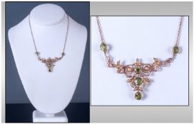 Victorian 9ct Gold Set Peridot And Seed Pearl Pendant/Necklace, of excellent quality. Marked 9ct.