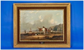 Style Of William I Shayer (Senior) 1787 - 1879. Coastal landscape with fisher folk, dog and