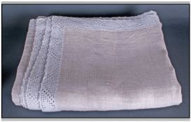 Large Linen Tablecloth with hand crocheted border and panels. 92 inches by 37 inches.