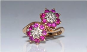 Ladies 9ct Gold Set Twin Flowerhead Diamond And Garnet Cluster Ring. Fully hallmarked, Circa 1960.