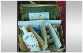 Box of Assorted Ceramics including two framed prints, opaque vase,crested ware, Carlton china.
