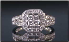9ct White Gold Cluster Ring, Set With Four Central Princess Cut Diamonds, Surrounded By Round Cut