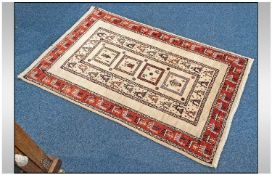 Afgan Carpet, Geometric Cream & Red Design, tassel fringing, 60x39"