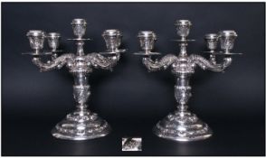 A Fine Pair of Spanish Silver Five Branch Candleabra. Madrid C 1940's. Spanish Silver Mark for