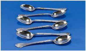 Danish Silver. A Set of Six Art Deco Spoons. Each lightly planished throughout. Copenhagen mark