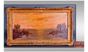 J Van Dyk. A Calm coastal landscape at dusk, oil on canvas. Signed. Ornate gilt frame. 12 x 31